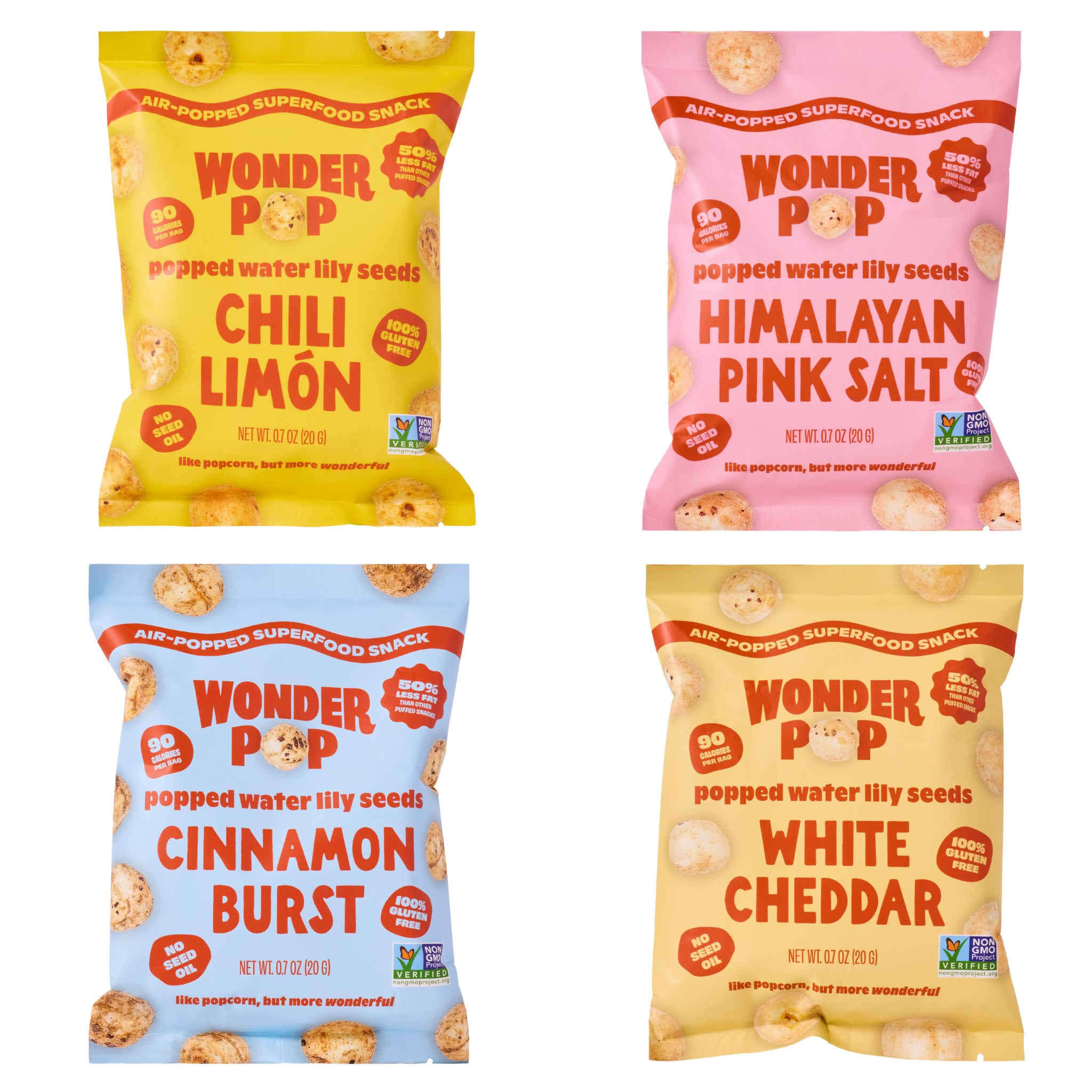 Four packages of Wonder Pop snacks in different flavors