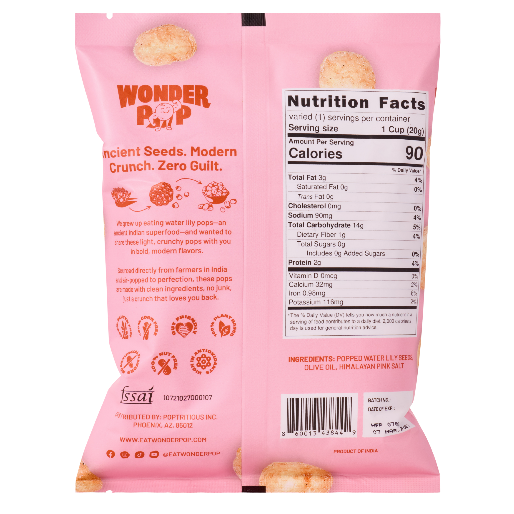 Pink packaging of Wonder Pop with nutrition facts label and ingredients list.