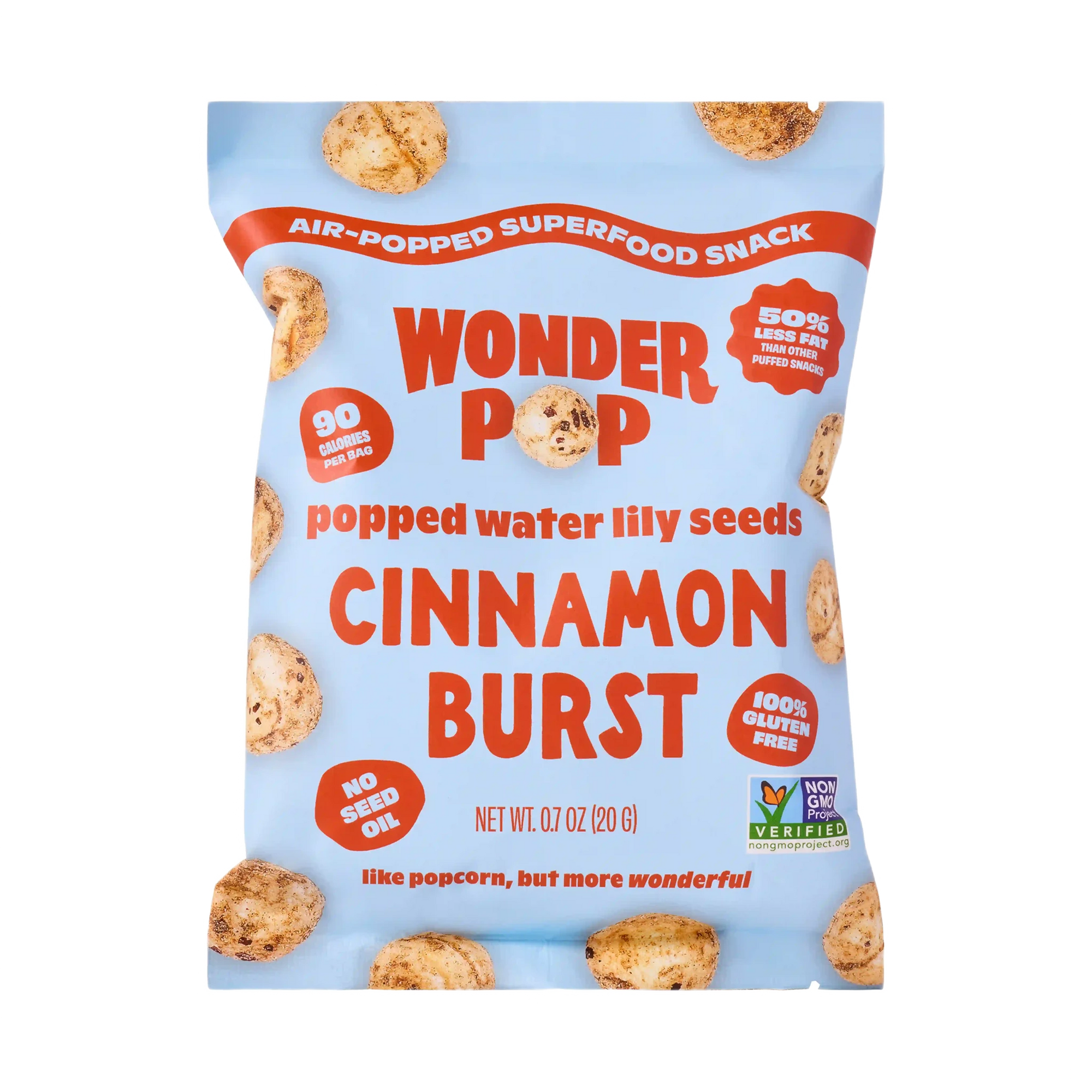 Packaging of Wonder Pop cinnamon burst popped water lily seeds snack